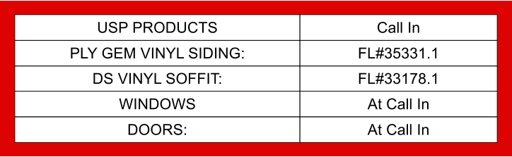 USP Products Call In PLY GEM VINYL SIDING: FL#35331.1 DS VINYL SOFFIT: FL#33178.1 WINDOWS At Call In DOORS: At Call In